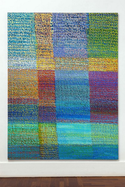 Simona Weller, L'oro, l'argento, il blu, 2007, pastelli a olio e acrilico su tela, cm 240 x 181